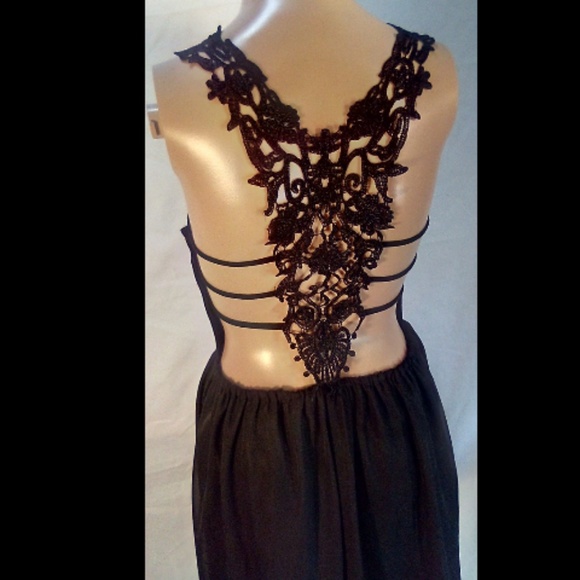 Hi-Lo Chiffon Dress W/ Open Back Lace Detail - Picture 3 of 5